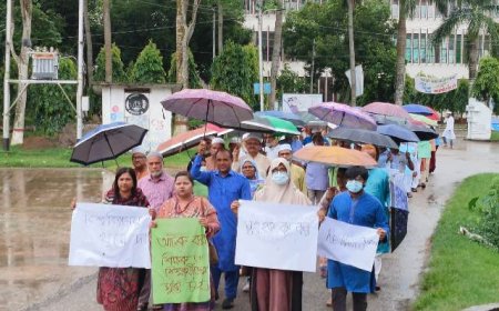 বৃষ্টি উপেক্ষা করে বাকৃবিতে শিক্ষকদের গণমিছিল